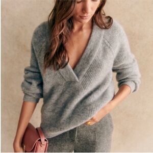 Sézane Large Cody V Neck Sweater Jumper Gray Baby Alpaca